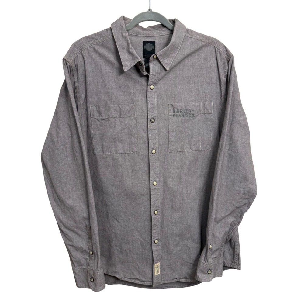 Harley Davidson Black Label Mens XL Gray Cotton Snap Front Long Sleeve Shirt